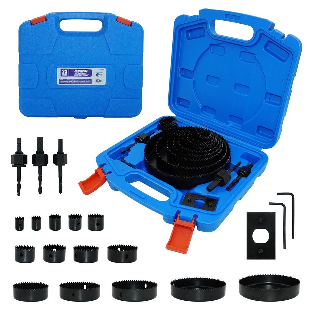 Hole Saw Kit, 23PCS Hole Saw Set with 3/4" to 6" (19mm-152mm) Saw Blades, 1/4" Hex Shank3/8"&1/4" Three Flats Shank, Ideal for Wood, Plastic, PVC Board, Drywall with Storage Case