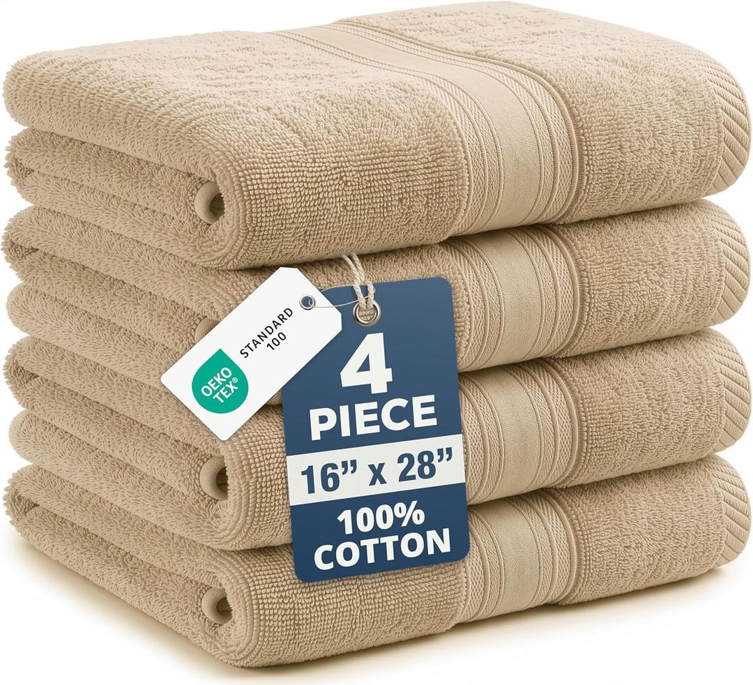 LANE LINEN Bathroom Hand Towels - 4 Pack (16" x 28"), 100% Ringspun Cotton Hand Towel Set - Soft, Lightweight, Fade & Shrink Resistant - Everyday Use, Face Towels for Bathroom, Gym and Travel - Taupe
