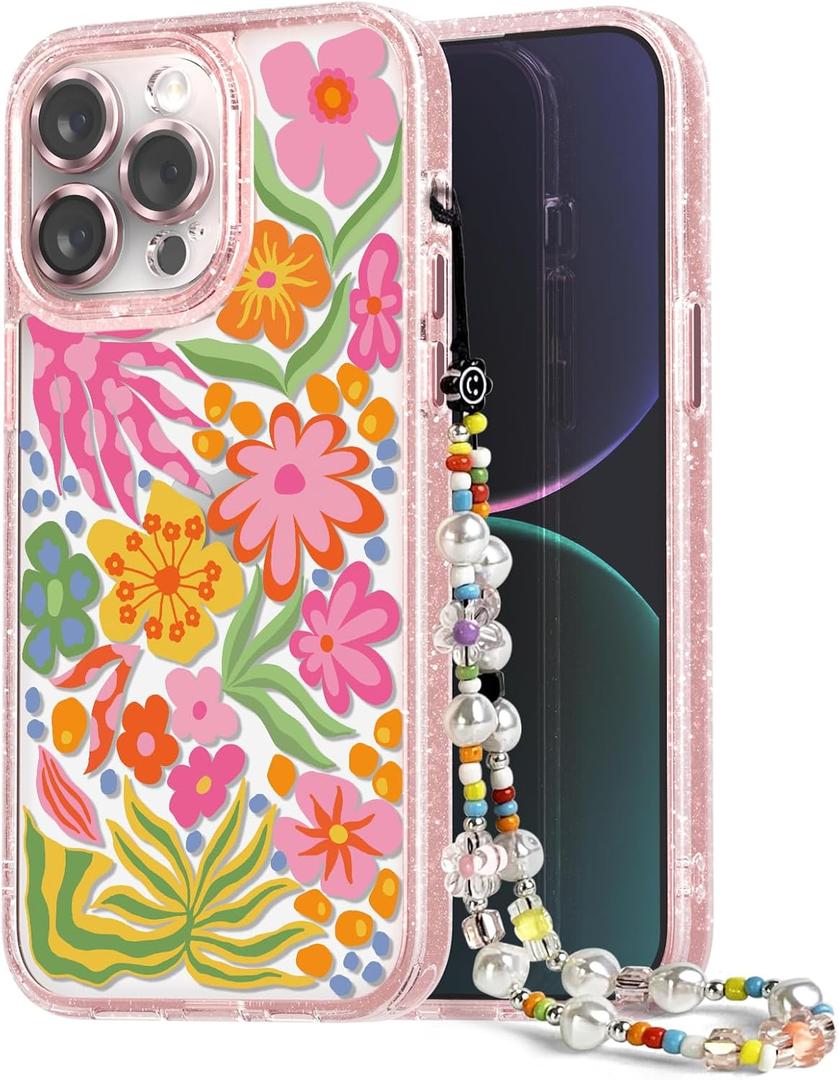 Designed for iPhone 14 Pro Max Case Pink Glitter Clear - Cute Bling Phone Case with Wrist Strap - Aesthetic Y2K Case for Woman, Girl 6.7" (Passion Flower)