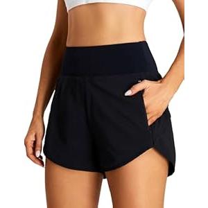 BMJL Women's Athletic Shorts Running High Waisted Shorts Pocket Sporty Workout Shorts Quick Dry Gym Shorts Pants(L, Black)