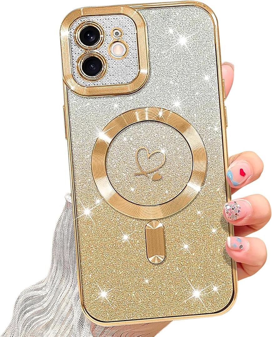 NITITOP Compatible with iPhone 12 Case Cute Clear Glitter [Compatible for MagSafe] Plating Heart Sparkle Bling Magnetic Girl Women Electroplated Frame Camera Protection Back Cover - Gold