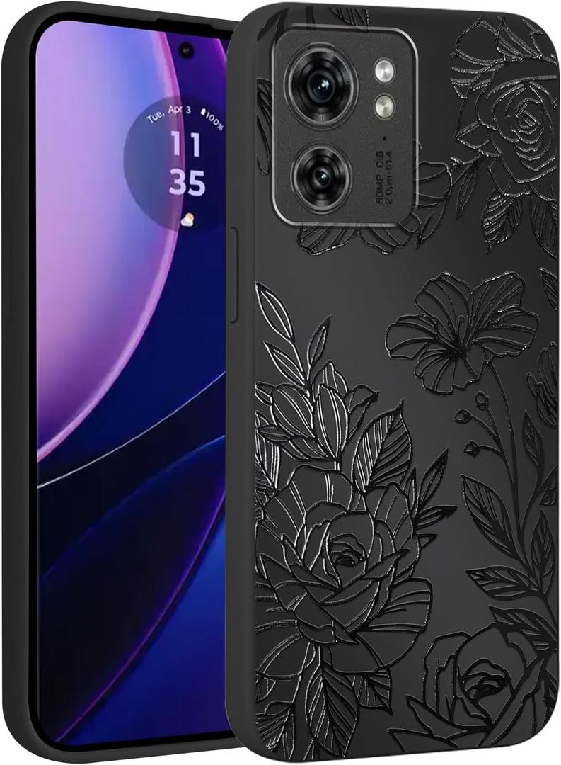 Cute Flower Floral Phone Case for Motorola Edge 2023 6.6", Aesthetic Coquette Black Pattern Print Design Case Soft Slim Shockproof TPU Protective Funda Cover for Women Girls