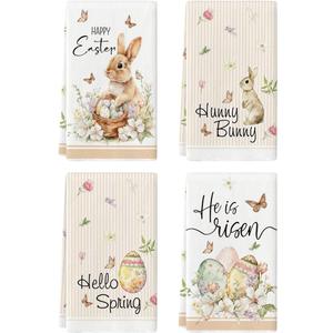 Artoid Mode Butterfly Rabbit Bunny Eggs Flower Basket Easter Spring Kitchen Towels Dish Towels, 18x26 Inch Farmhouse Summer Decoration Cleaning Set of 4