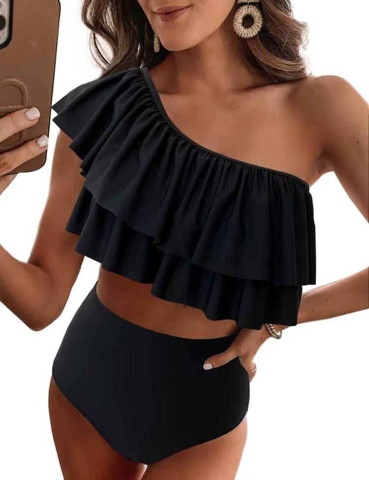 VIMPUNEC Ruffle One Shoulder Swimsuits for Women Striped High Waisted Two Piece Bathing Suits (Black, S) VIMPUNEC Ruffle One Shoulder Swimsuits for Women Striped High Waisted Two Piece Bathing Suits (Black, S)