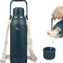 Insulated Water Bottle with Handle and Strap, Vacuum Travel Tumbler with Cup Lid, Thermo Coffee Cup for Hot Cold Drinks 50 OZ, Navy Blue