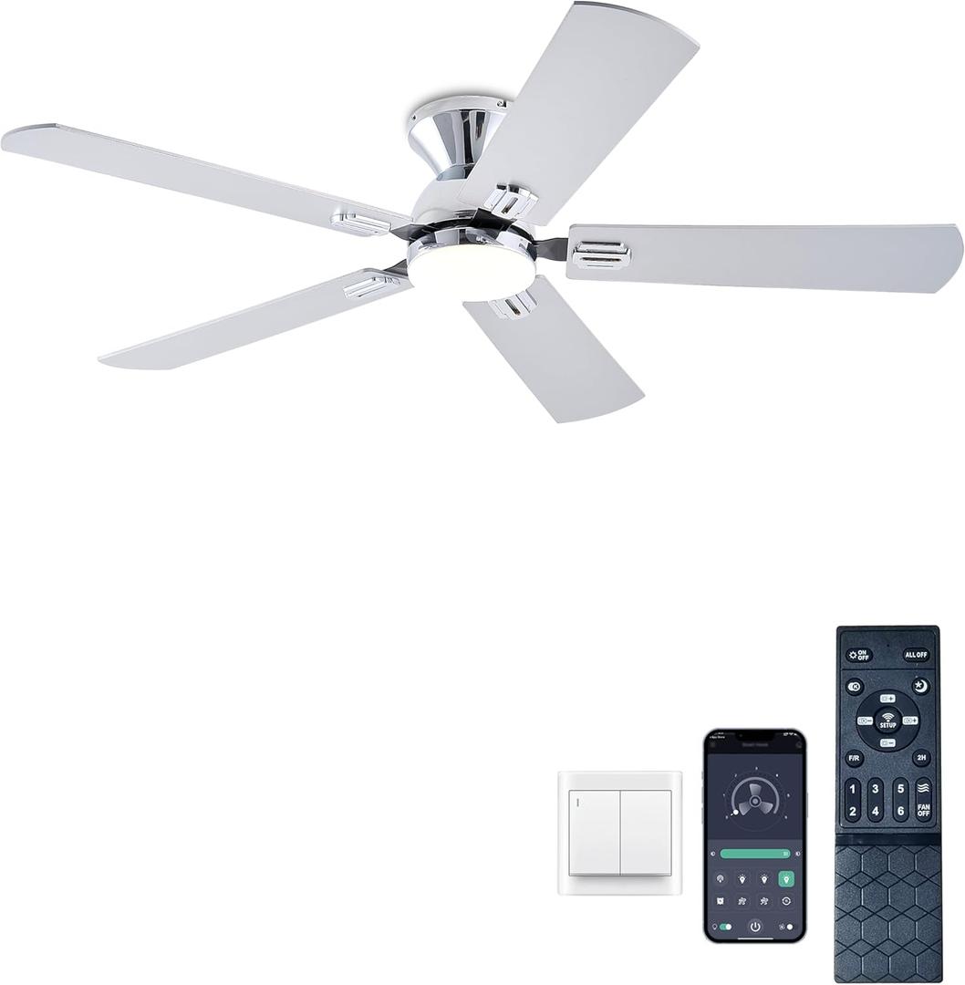 KNUN 52 inch Ceiling Fans with Lights, Silver Low Profile Ceiling Fan with Remote Control and App, Double-sided Fan Blades, 3CCT Dimmable LED, Noiseless, Flush Mount Ceiling Fan for Bedroom, Patio
