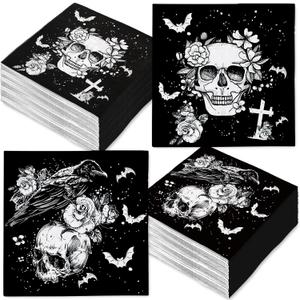 2 x 100Pcs Halloween Paper Napkin Skull Rose Crow Disposable Luncheon Napkin Double-Sided White Black Dinner Napkin for Home Party Table Decor