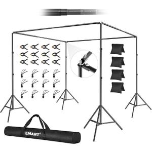 EMART Backdrop Stand, 10x10x7ft Square Large Adjustable Background Support System with 308 Angle Rotatable Connector, 12 Clamps, 4 Sandbag and Carry Bag for Paties, Wedding, Photography Studio, Video (Black)