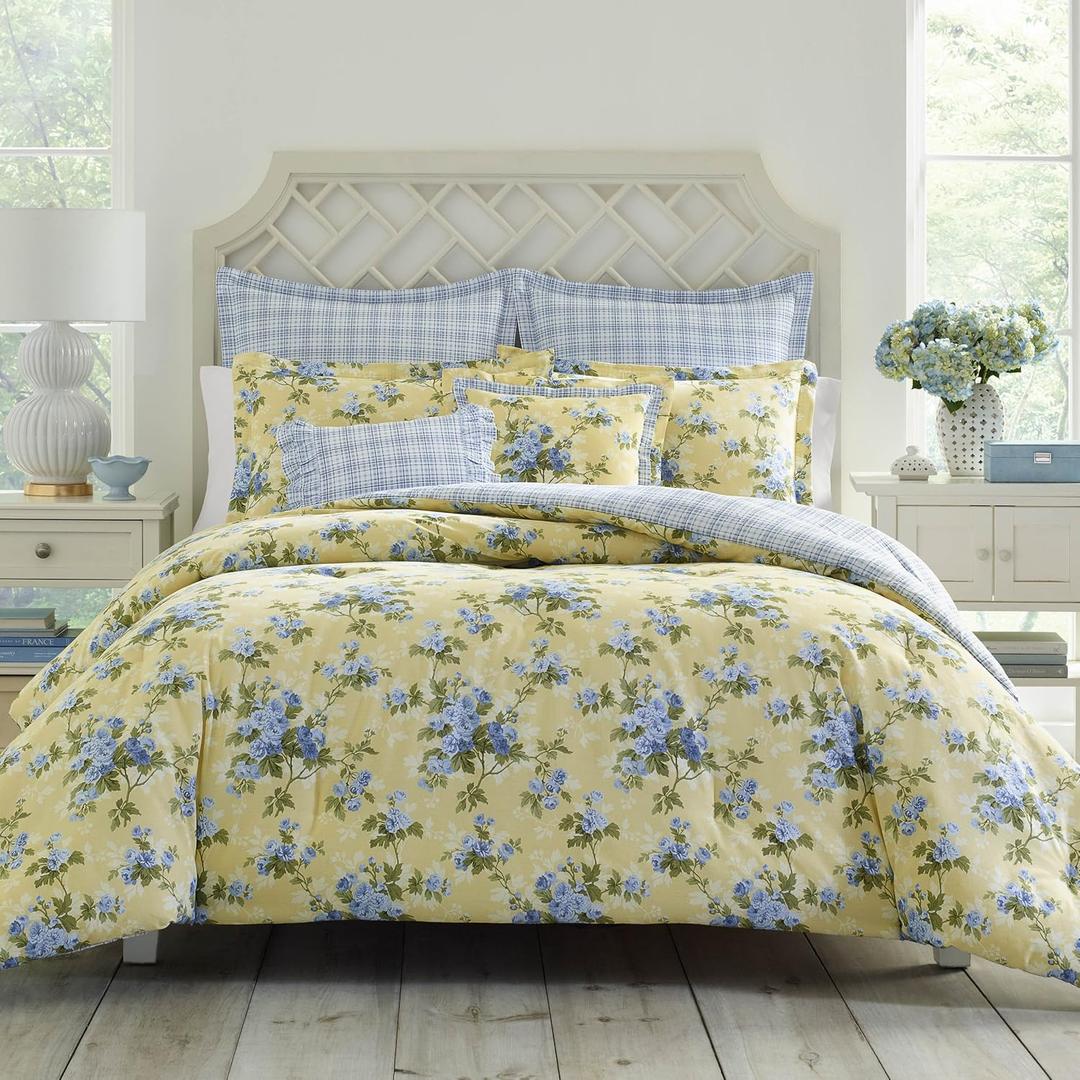 Laura Ashley - Queen Comforter Set, Soft & Reversible Cotton Bedding, Medium Weight for Year Round Comfort, 7 Piece Bed Set with Matching Pillowcases, Euro Shams & Bonus Throw Pillows (Cassidy Yellow)