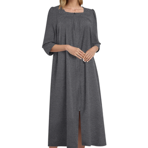 Bloggerlove Women's Zipper Robe 3/4 Sleeves Full Length House Dress Square Neck Housecoat Soft Cotton Nightgown with Pockets 2XL