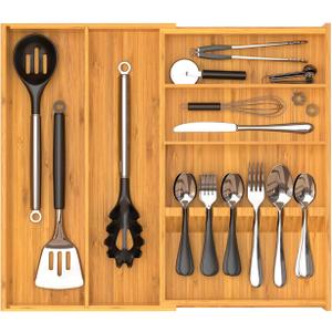 Yofidra Pure Bamboo Silverware Drawer Organizer: 16.9x18.9 Expandable Large Silverware Utensil Tray Holder, 5-Compartment with 6 Card Slots Flatware Organizer Kitchen Organizers and Storage (Natural)