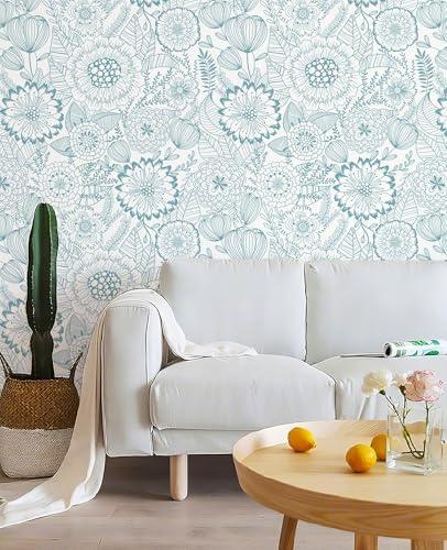 CiCiwind Blue Peel and Stick Wallpaper Fun Boho Floral Wall Paper Moden Farmhouse Contact Paper Removable Self Adhesive Eco-Friendly Wallpapers for Bedroom Bathroom Cabinet Shelf Drawer 17.3" x 78.7",2pcs