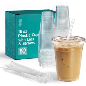 GUSTO - 16 oz - 100 Sets - Clear Plastic Cups with Lids and Straws  Disposable Iced Coffee Cups for Cold Drinks, Smoothies, Boba, and To-Go Beverages  Sturdy, Easy-to-Separate