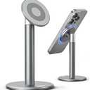 Nulaxy Magnetic Full Aluminum Cell Phone Stand with 2 Metal Rings, 360 Rotating Phone Stand for Desk, Office Accessories Adjustable Phone Holder Compatible with All Phones MagSafe Case, Gray