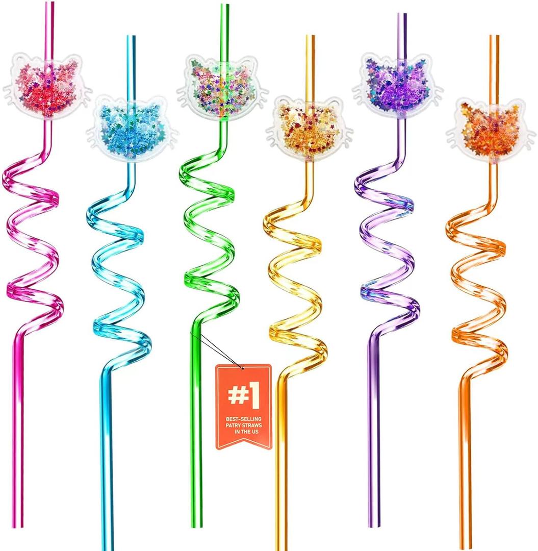24 Glitter Cat StrawsReusable Straws with 24 Detachable Kitty Charms - 6 Colors Spiral Party Drinking Straws 2 Cleaning Brushes for Birthdays, Christmas, Kids & Adults