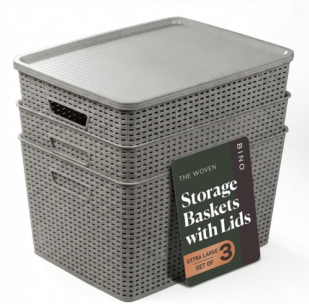 BINO | Plastic Storage Baskets with Lids, 33 Liter - 3 Pack, Natural Grey | THE WOVEN COLLECTION | Storage Basket for Shelves | Woven Storage Baskets for Organizing Bins | Pantry Shelf Organizer Bin