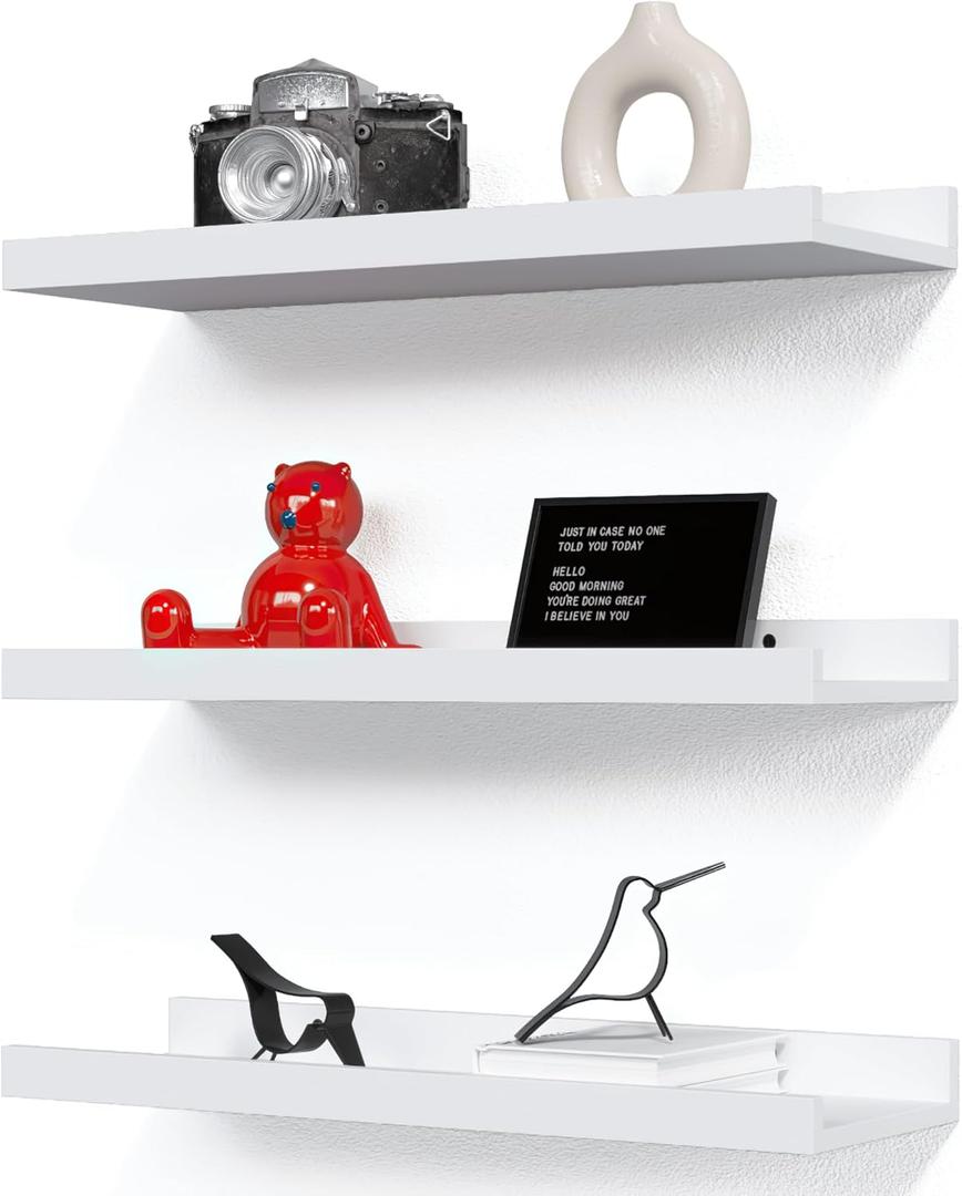 RICHER HOUSE 3 Set White Floating Shelves, 16 inches Wall Mounted White Shelves for Wall Decor, Picture Ledge Shelf with Lip for Storage Nursery, Bedroom, Living Room, Bathroom - White (3pcs*15.72in)