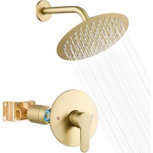 Shower 8 Inch Head and Handle Set Round Shower Faucet Set Bathroom Rainfall Shower System Stainless Steel Showerhead Single Function Shower Trim Kit, Female Thread Valve, Brushed Gold