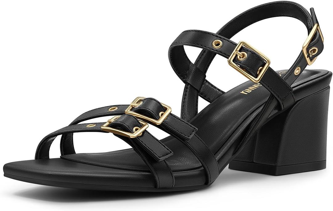 PIZZ ANNU Women's Allegra Low Block Heels Sandals Chunky Strappy Square Open Toe Ankle Strap Buckle Dress Pump Shoes for Wedding Party Fashion Evening, Black, 7.5