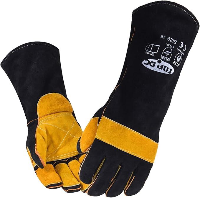 TOPDC Welding Gloves 16 Inches 932℉ Fire/Heat Resistant Leather Welding Gloves For Mig, Tig, Stick, Forge, BBQ, Grill, Fireplace, Wood Stove, Furnace, Oven, Animal Handling for Safe, Loving Pet Care Size 16