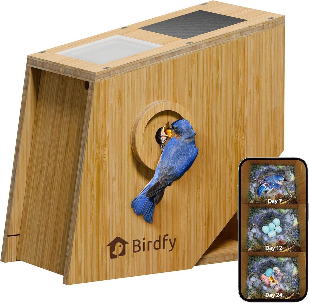 Birdfy Smart Bird House with Camera Lifetime AI Identify Auto-Record Nesting Stages & Alerts, Remote Control Night Vision Battery & Solar Outdoor-Ready, Gift for Nesting Watching Enthusiasts, Polygoon wood