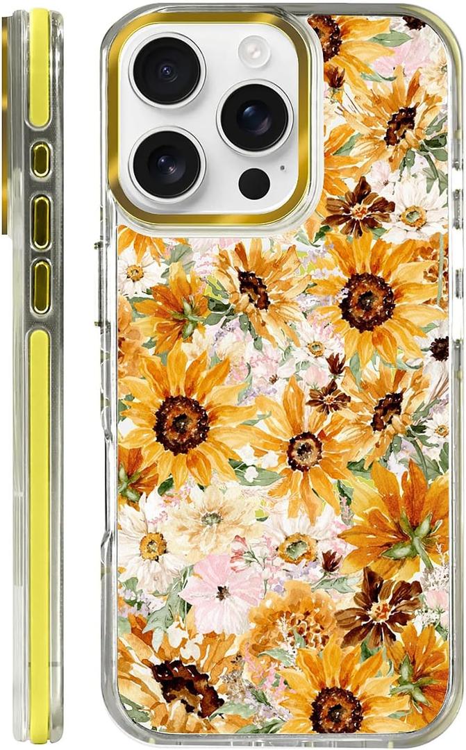 VisEnt Clear Case for iPhone 16 Pro, Magnetic Phone Case, Transparent Slim Cover, Military Grade Protection, Shockproof, Anti-Yellowing, Scratch Resistant, Vintage Sunflower Floral