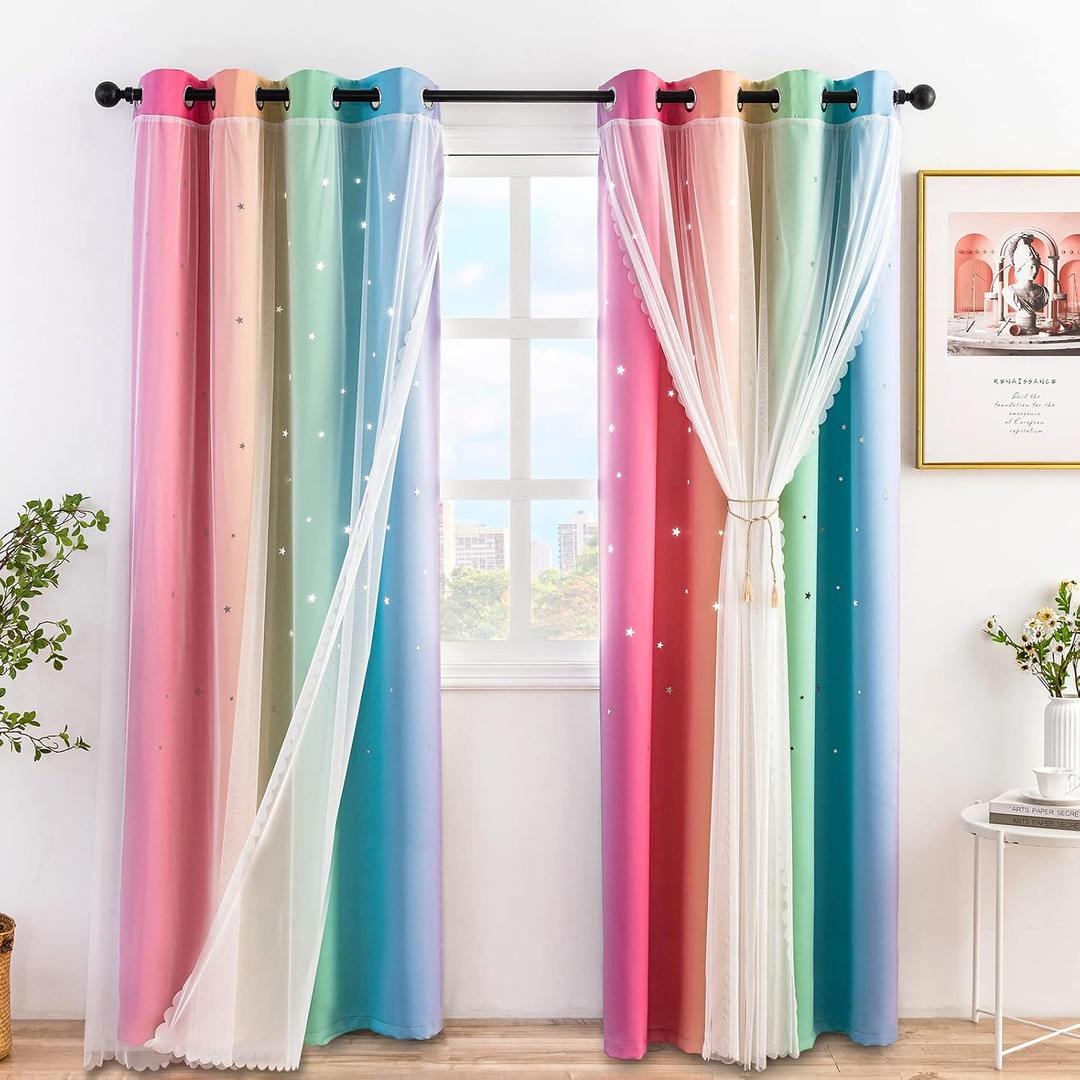 Stiio Rainbow Curtains, 2 Panels W52 x L84 inches, Hollow-Out Stars, Blackout Ombre Stripe Grommet Thermal Insulated, Room Darkening Kids Colorful Curtains