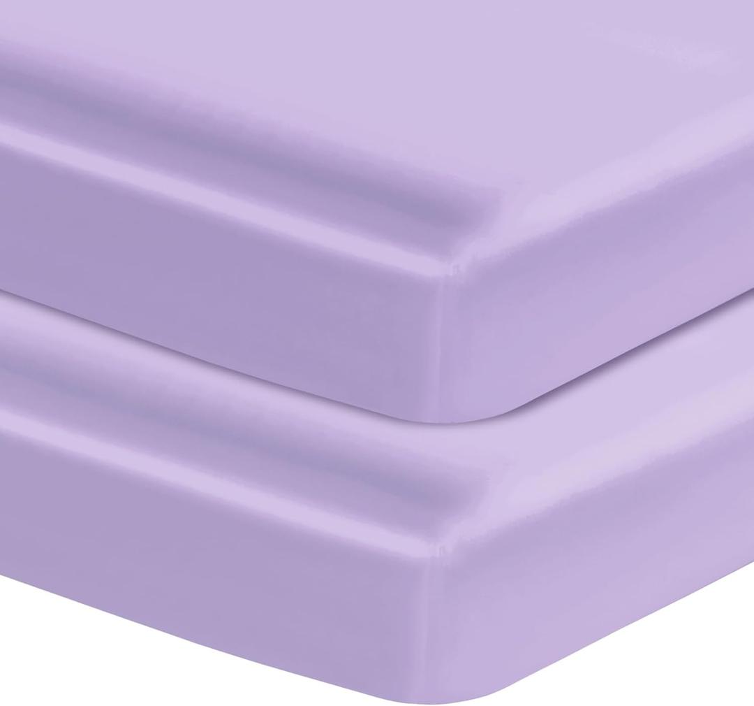 Entisn Satin Crib Sheets 2 Pack, 28 x 52 x 8 Inch Soft Fitted Crib Mattress Sheets for Baby Girls, Light Purple Nursery Bedding Protect for Skin and Hair