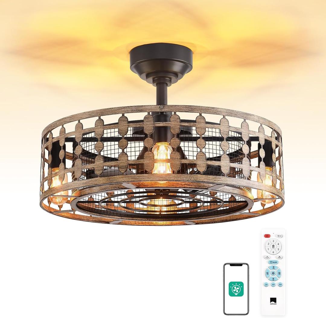 Orison 21.5'' Caged Ceiling Fan with Light, Low Profile Ceiling Fan with Light and Remote (395-Wood)