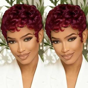 Short Curly Pixie Cut Wigs for Black Women Pixie Cut Wig Human Hair Chic Elegent Wig with Bangs Burgundy Dark 99j Color Natural Looking Glue less Full Machine Made Short Human Hair Wig