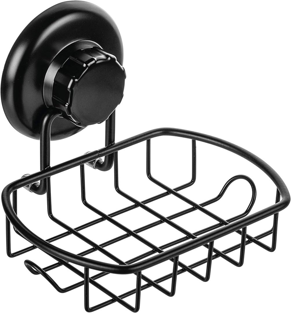 Suction Soap Dish with Hooks - Super Powerful Vacuum Suction Cup Shower Soap Holder - Rustproof Stainless Steel SS304 Soap Basket - Sponge Holder for Bathroom & Kitchen (Black)