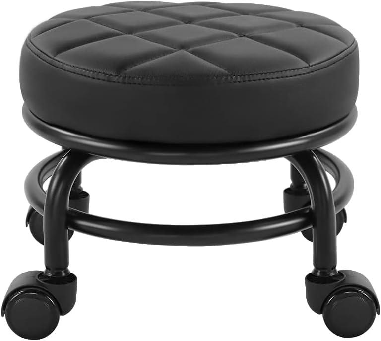 FURWOO Low Roller Seat PU Leather Rolling Stool with Wheels for Manicure, Mechanic,Home Office, Garage Shop Black
