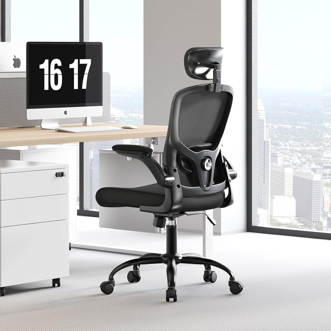 Adjustable Ergonomic Office Chair with Headrest and Lumbar Support, Mesh Back Computer Desk Chair, Flip-Up Armrest, 360 Swivel Rolling Chair for Home Office Study Gaming