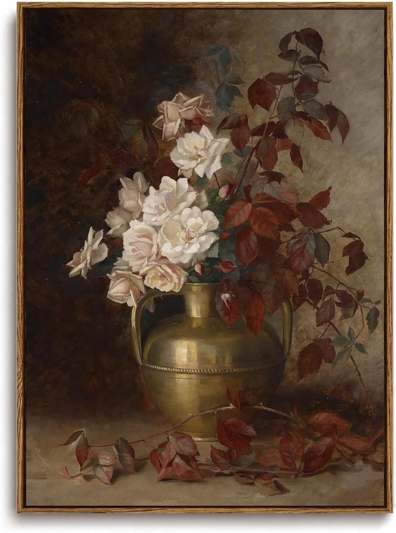 KISSFOX Framed Wall Art Vintage Wall Decor Flower Pictures Dark Botanical Canvas Art Rose Floral Paintings Moody Still Life Artwork For Bedroom Living Room Kitchen, 36"L x 24"W