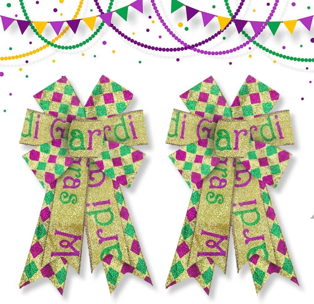 2 x Hying 2 Pieces Mardi Gras Bows for Wreath, Mardi Gras Wreath Bows Green Gold Purple Buffalo Plaid Bows Fat Tuesday Gift Bows for Front Door Mardi Gras Masquerade Cosplay Party Decor Supplies (Style 32pcs Words)
