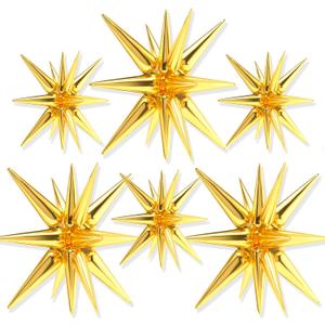 PartyWoo Gold Star Balloons 6 pcs, One-Piece 14-pointed Star Explosion Balloons with Ribbon, Gold Point Star Foil Balloons, Large Mylar Balloons Fireworks Shape (27 & 22 inch)