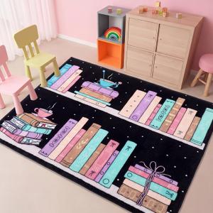 Pastel Bookshelf Classroom Rug 3.3 x 4 ft Reading Corner Rug Back to School, 3'3" x 3'11"