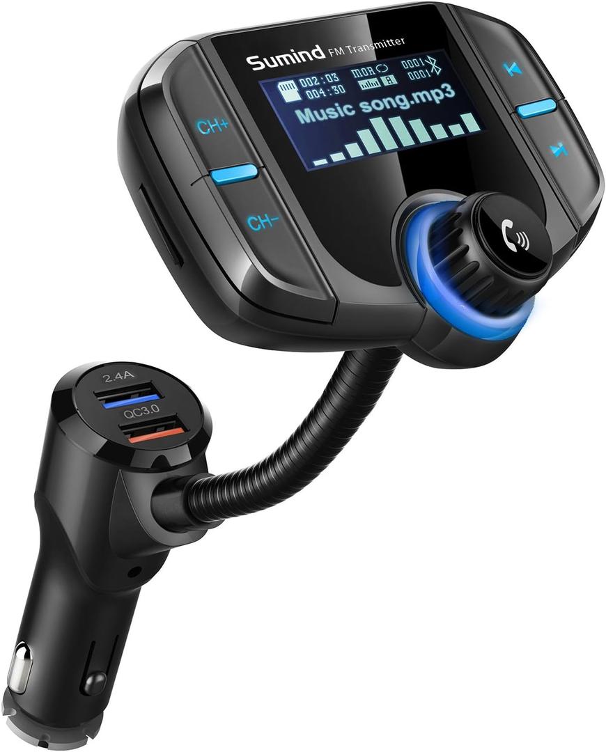 (Upgraded Version) Bluetooth FM Transmitter, Sumind Wireless Radio Adapter Hands-Free Car Kit with 1.7 Inch Display, QC3.0 and Smart 2.4A Dual USB Ports, AUX Input/Output, TF Card Mp3 Player (Black)