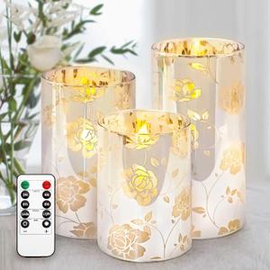 Roses LED Flameless Candles - Real Glass with Electroplating Pattern - with Remote Control - Unattended Timer 2/4/6/8h - Battery Operated Candles - Home Bedroom Decorations (Silver Plated Rose)