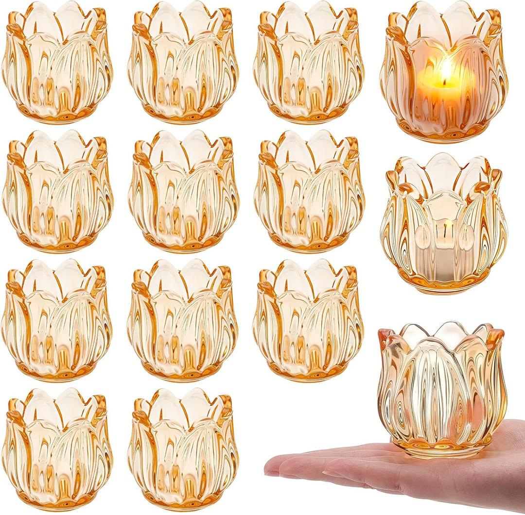 26 Pcs Gold Votive Candle Holders, Glass Flower Tealight Candle Holder Thick Glass Tea Light Candles Holder Bulk for Mother's Day Wedding Birthday Anniversary Party (Huplatinum Color)