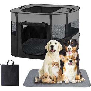 Portable Dog Cat Playpen with Waterproof Pad, Collapsible Pet Puppy Kitten Crate, Foldable Small Animals Kennel Cage for Indoor Outdoor Travel Camping, Water-Resistant Breathable Shade Cover (Grey M)