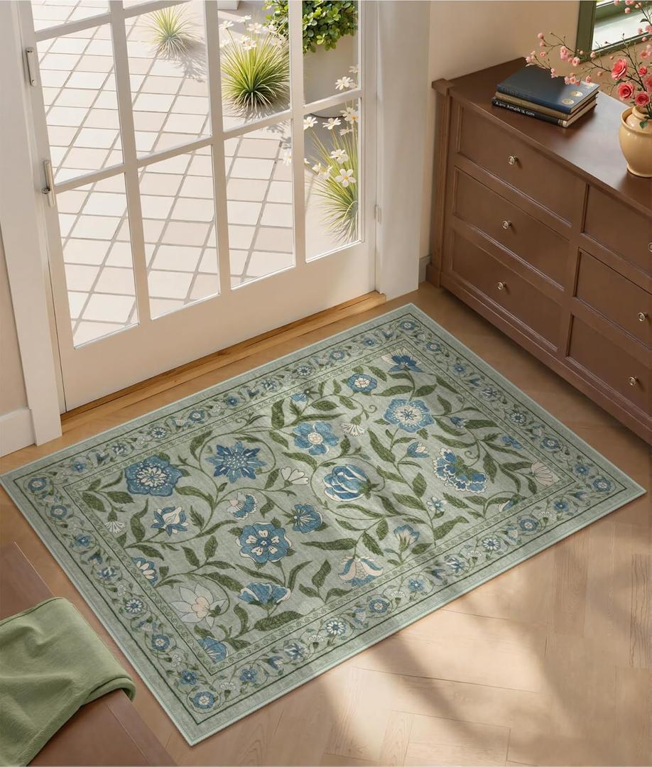 Collive Washable Entryway Rugs, Green 2 x 3 Spring Floral Rug Modern Soft Kitchen Carpet Non Slip, Vintage Bathroom Mats Stain Resistant Inside Front Door Mat for Entrance, Bedroom