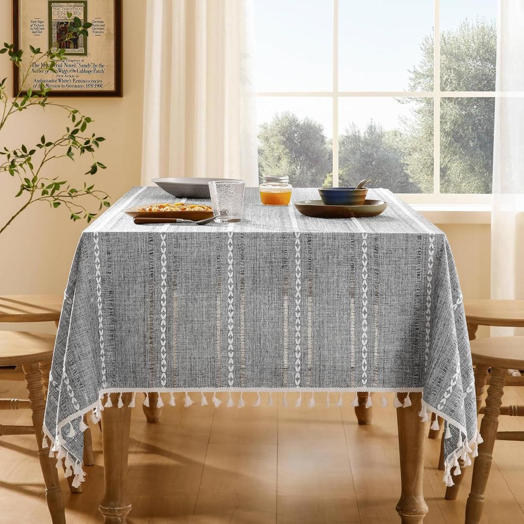ZeeMart Hemstitched Embroidery Striped Boho Tablecloth 60x84 Inch Charcoal, Heavy Weight Farmhouse Burlap Linen Grey Tablecloth, Wrinkle Resistant Washable Table Cloth for Rectangle Table