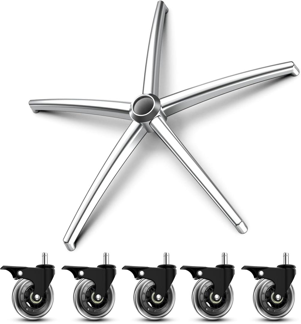 3300lb Heavy-Duty Chair Base Kit - 5 Brake Casters, Reinforced Alloy Legs & Universal Gas Cylinder, Office Chair Replacement Parts for Rolling Chairs with Wheels (black & silver)