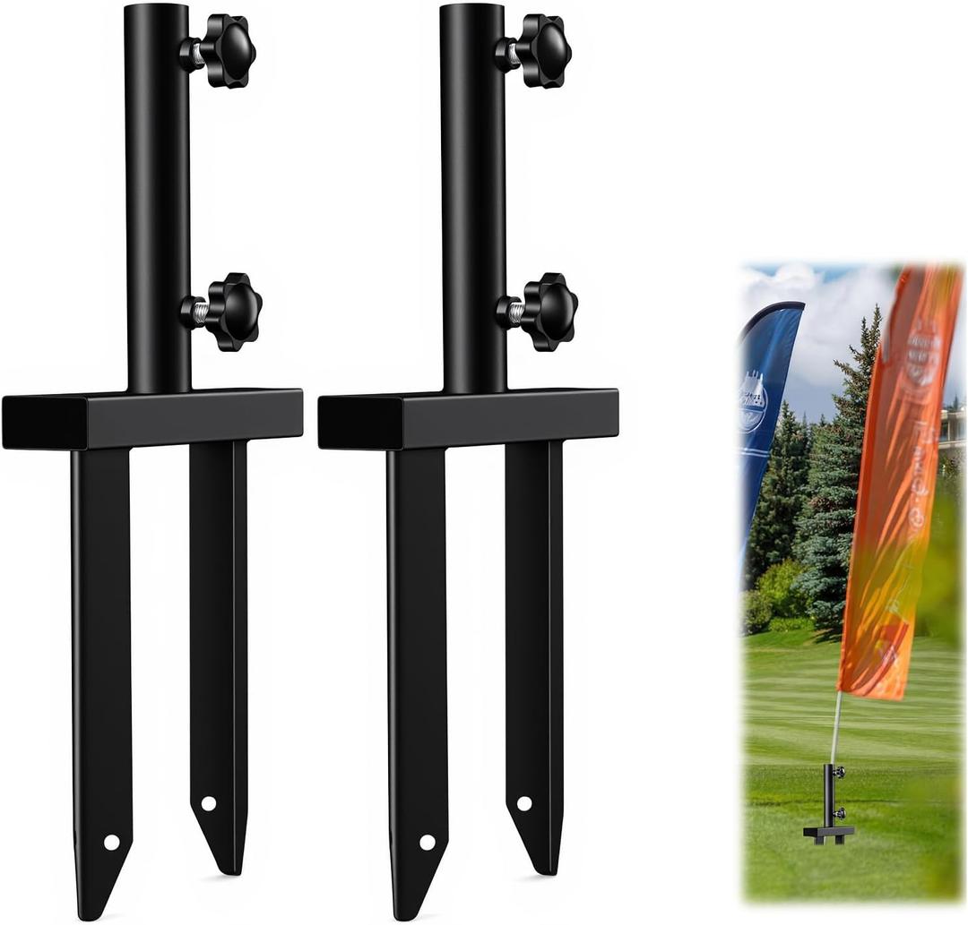 Pelopy 2 Pack Flag Spike Ground Stake 13.78'' Heavy Duty Ground Spike Flag Pole Holder Metal Stakes with Adjustable Knob Feather Flags Base Fits Poles with 1" Inner Diameter for Outdoor Lawn Garden