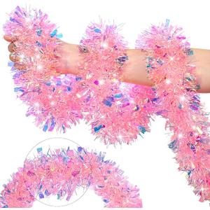 50 FT Pink Christmas Tinsel Garland Christmas Decorations for Xmas Tree Decor, Shiny Iridescent Metallic Twist Hanging Tinsel Garlands for Stairs Mantle Fireplace Home Indoor Holiday Party Supplies