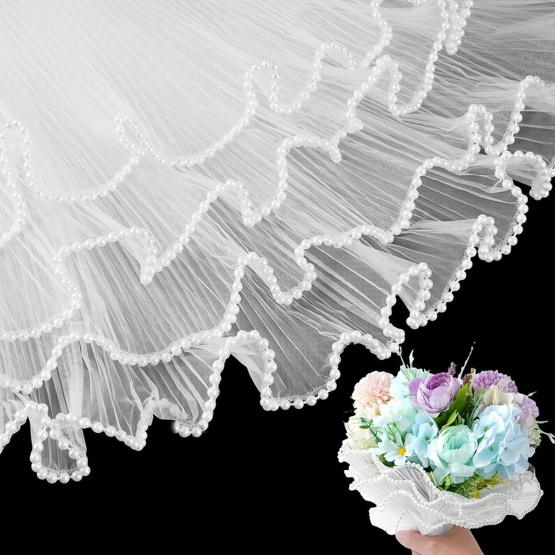 3 Pack Pearl Edge Bouquet Packaging Paper, Korean Flower Wrapping Mesh Paper Floral Net Yarn Wrinkle Waves Paper for Mother's Day Wedding Anniversary Birthday Florist Supplies 4.37 Yards (White)