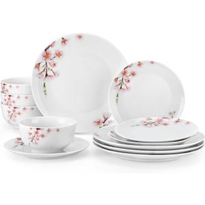 VEWEET Porcelain Dinnerware Sets for 4, 12 Pieces Plates and Bowls Set with Pink Floral, Kitchen Dishes Set Dining Ware for Family, Microwave and Dishwasher Safe, Series Annie