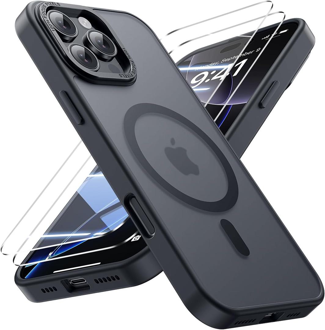 for iPhone 16 Pro Case with 2X Screen Protectors [Compatible with MagSafe] Military Grade Drop Protection Skin Feeling Back Cover Shockproof Slim Fit iPhone 16 Pro Phone Case 6.3 inch, Black