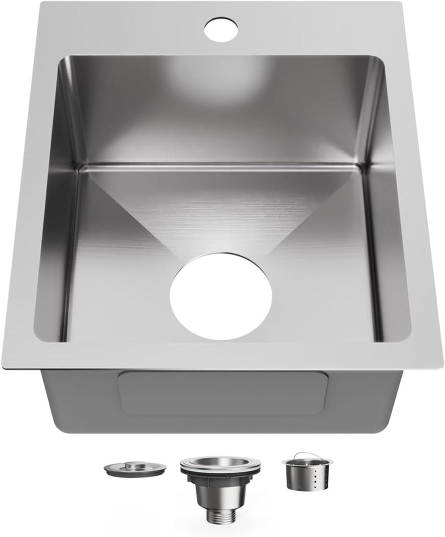 15" x 17" Drop in Bar Sink 304 Stainless Steel Single Bowl Kitchen Sink with Drain Kit, Brushed